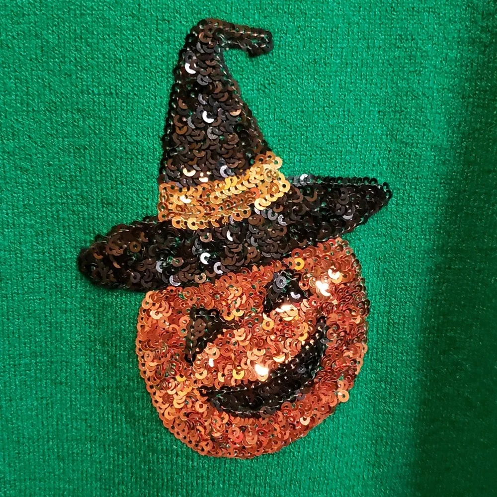 Victoria Harbour Kelly Green Sweater with Sequined Pumpkins and Candy Corn - Picture 2 of 7